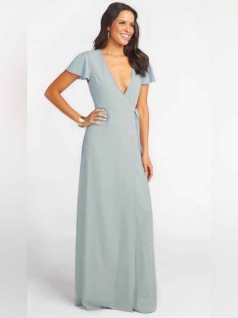 Show Me Your Mumu Noelle Flutter Sleeve Wrap Dress in Silver Sage Crisp XS